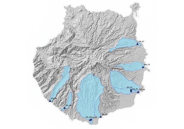 Cuencas a monitorizar y situación prevista para las estaciones de medición de caudal.