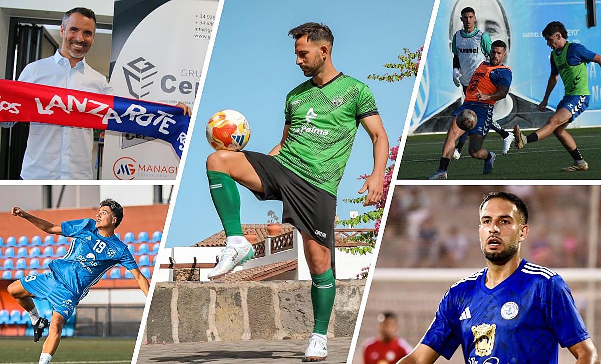 El Lanzarote del técnico Ángel López (arriba a la izquierda), el San Fernando, el Atlético Paso, el Tamaraceite o el Marino serán algunos de los equipos protagonistas en esta edición de la Tercera RFEF.