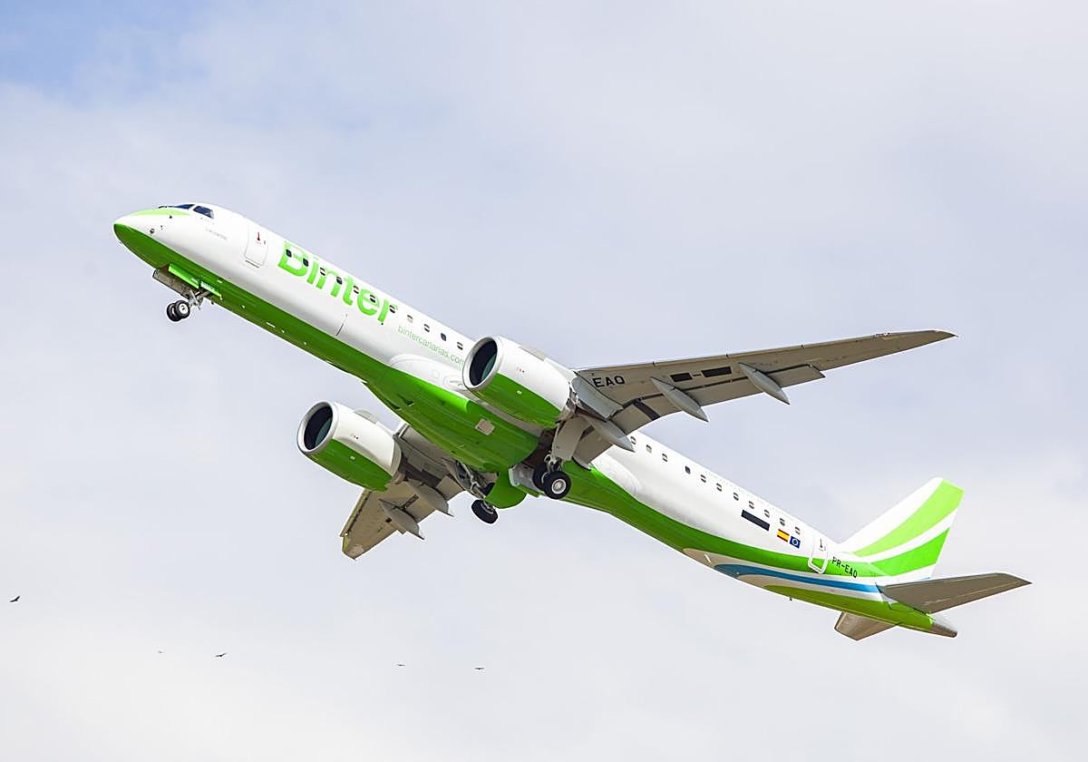 Unos de los aviones Embraer E192-E2 de Binter.