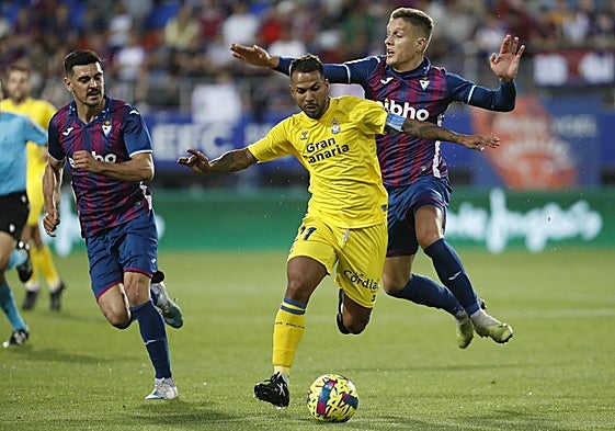 Imagen de Viera siendo defendido por Corpas, en el último choque entre la UD y el Eibar que se disputó en 2023 en Ipurua. En aquel duelo se impusieron los amarillos con gol de Sandro.