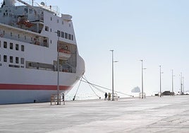 Trabajadores junto a buque de Naviera Armas.