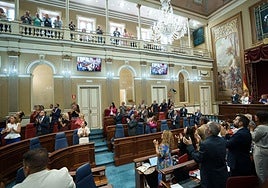 Los diputados del Parlamento de Canarias aplauden tras la aprobación de una ley.