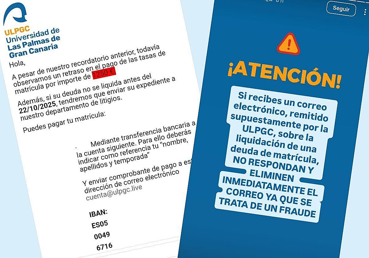 Correo fraudulento que han recibido los alumnos y alerta lanzada por la ULPGC.