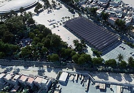 Recreación de la planta fotovoltaica sobre marquesinas incluida en el proyecto anulado.