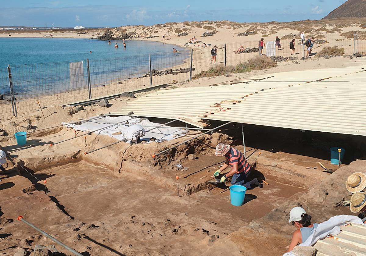 Los arqueólogos, en pleno trabajo de campo en el yacimiento del taller romano de púrpura, en la playa de la Concha, en la isla de Lobos, durante la campaña de 2024.