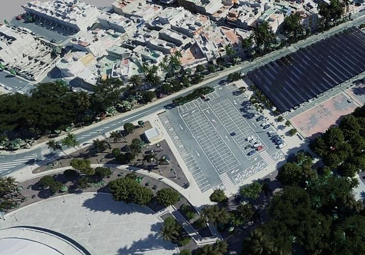 En primer término, la cubierta del recinto ferial, y a la derecha, planta solar sobre marquesinas en el aparcamiento junto a las canchas deportivas.