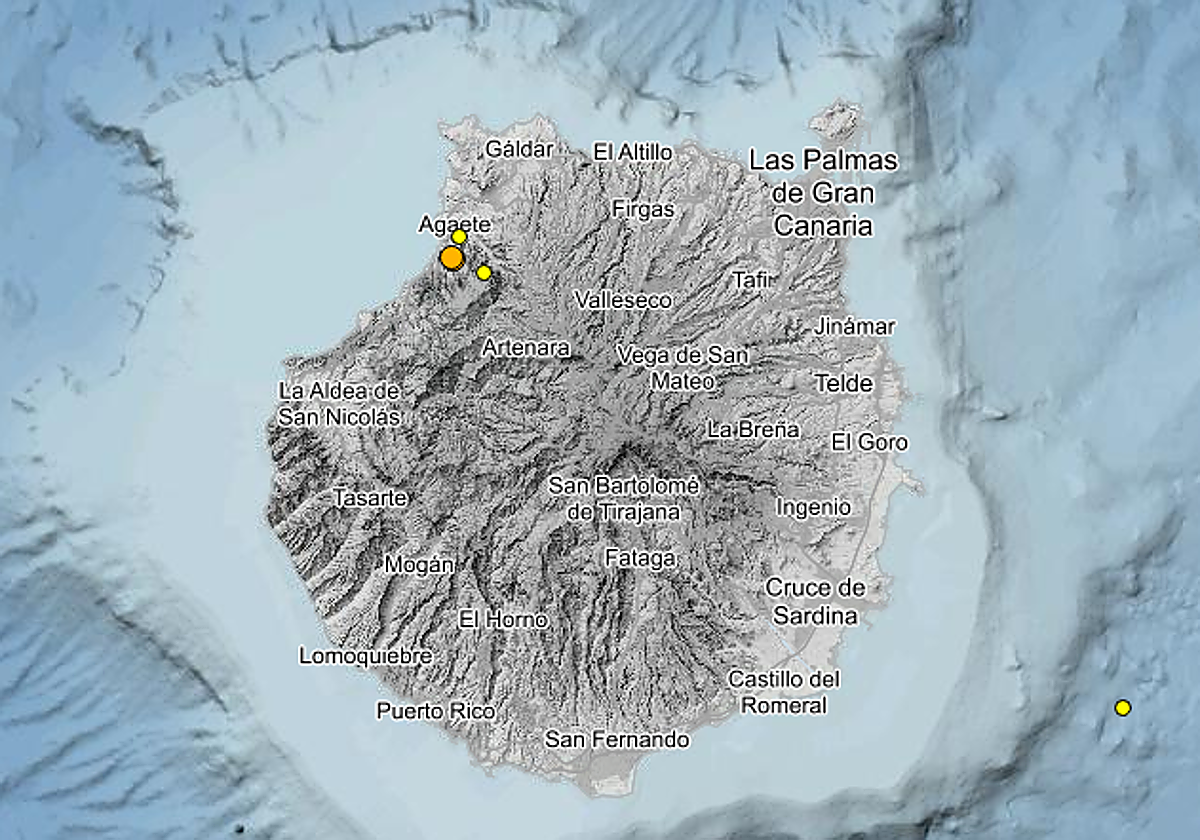 Localización de los terremotos registrados en la madrugada de este jueves.