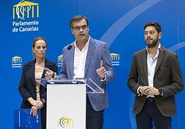 La portavoz del PP en el Parlamento de Canarias, Luz Reverón (d), y los diputados, Fernando Enseñat (c) y Jacob Qadri(d).