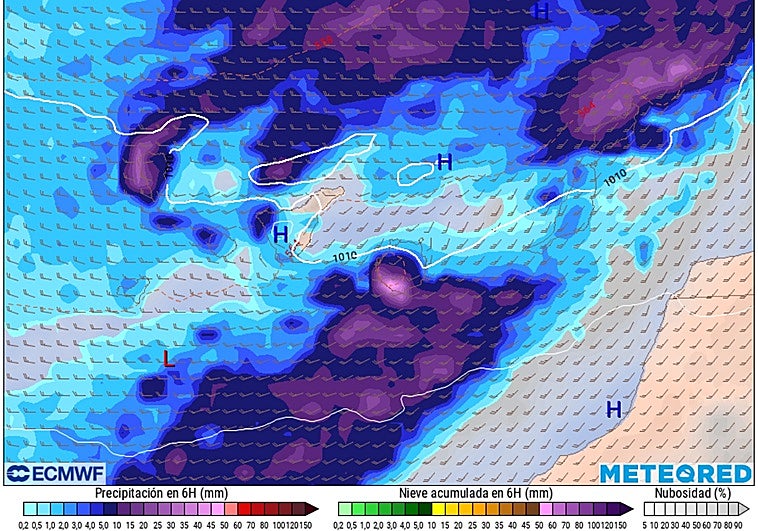 La imagen que muestra el impacto que tendrá la borrasca Claudia en Canarias: hasta 100 litros por metro cuadrado