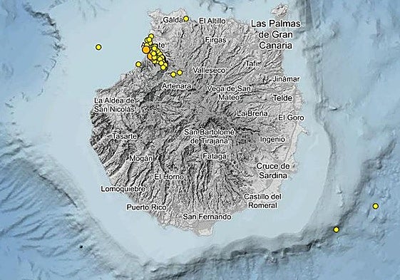 Imagen de las localizaciones de los terremotos registrados en Gran Canaria en los últimos 30 días.