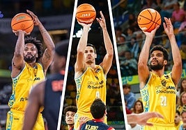 De izquierda a derecha, Braian Angola, Nico Brussino y Louis Labeyrie, tres de los jugadores amarillos que más se han prodigado desde el perímetro en esta temporada ACB.