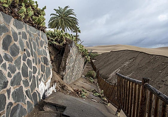El muro junto al tramo del Paseo Costa Canaria que pasa al filo de las Dunas se abrió en canal