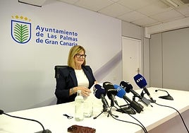 La concejala de Servicios Públicos y Carnaval de Las Palmas de Gran Canaria, Inmaculada Medina en la rueda de prensa de este lunes tras hacer formal su dimisión.