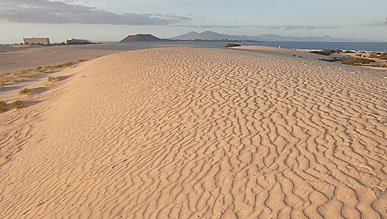 Dunas en el Parque Natural de Corralejo, con Lobos y Lanzarote al fondo.