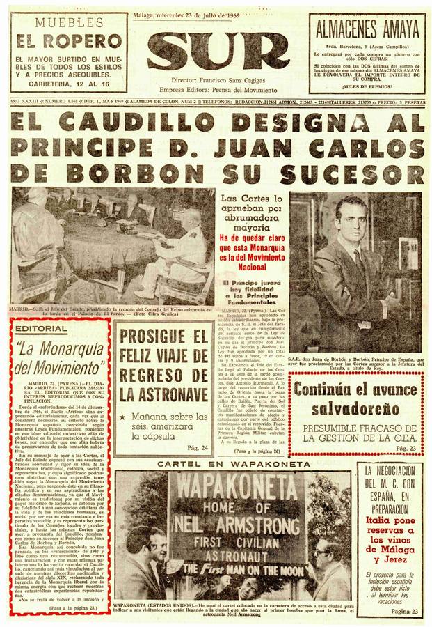 El rey, en seis portadas. El Caudillo desgina al príncipe D. Juan Carlos de Borbón su sucesor