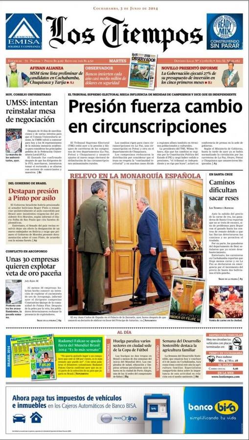 Portada del boliviano Los tiempos.