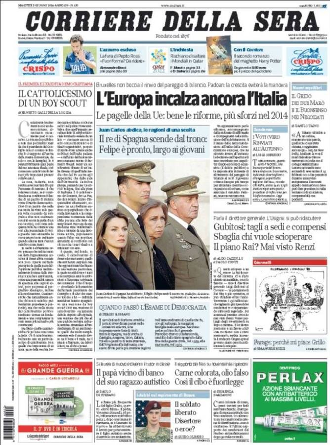 Portada del italiano Corriere della Sera.