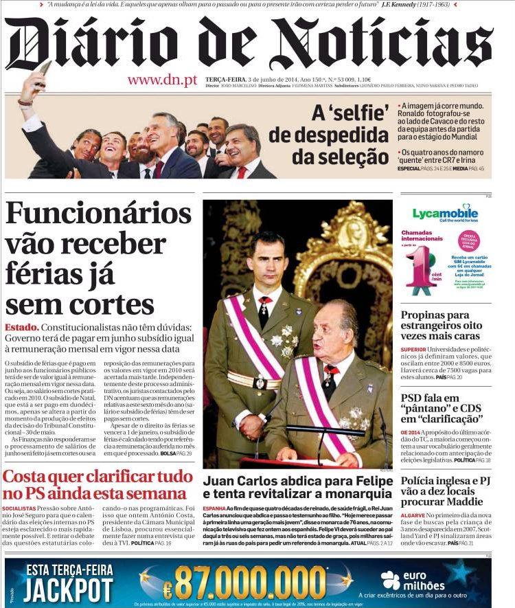 Portada del portugués Diario de Noticias.