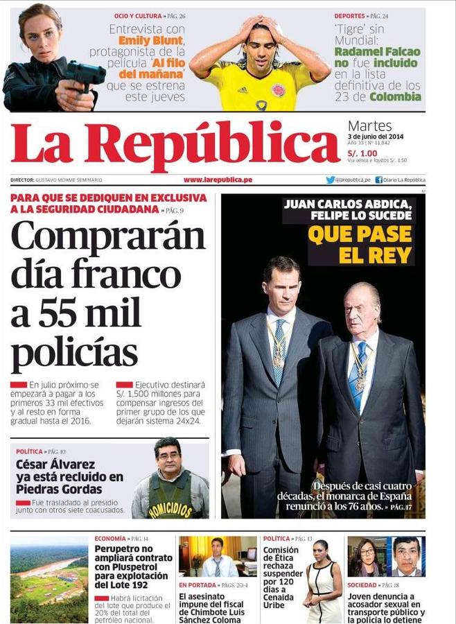 Portada del peruano La República.