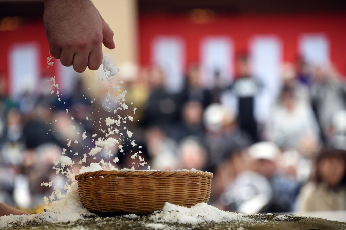 Luchadores de sumo participan en una exhibición anual en el santuario Yasukuni de Tokio