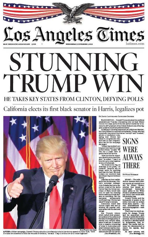 Los Angeles Times (EE UU). El diario estadounidense titula: «Impresionante, Trump gana»