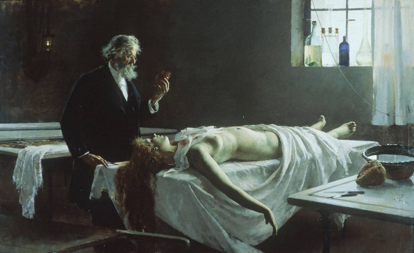 '¡... Y tenía corazón!' / 'Anatomía del corazón'. Enrique Simonet y Lombardo. 1890. Óleo sobre lienzo.. El gran icono del Museo de Málaga. El cuadro representa el momento en el que un forense extrae el corazón durante la autopsia a una joven fallecida.