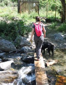 Imagen secundaria 2 - Hito de madera indicativo de esta ruta y de la que lleva hasta Genalguacil | Uno de los saltos de agua que se puede ver en esta ruta | Hay maderas en algunos puntos del río Monardillo para cruzarlo