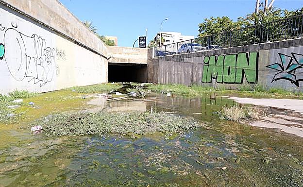 Agua acumulada en un canal del Guadalmedina. 
