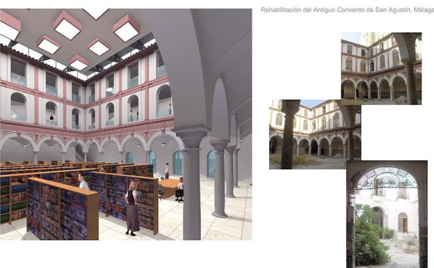 Imagen principal - Arriba, recreación del proyecto de rehabilitación del convento. Abajo, a la izquierda, el inmueble está situado en la calle San Agustín. A la derecha, el 3 de noviembre de 1994 SUR contaba el traslado de la biblioteca. 