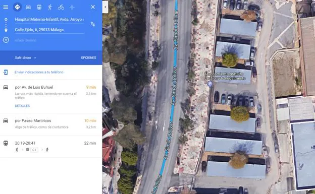 Así aparecía hasta ayer indicado el aparcamiento del Hospital Materno cuando se buscaba en Google Maps. 