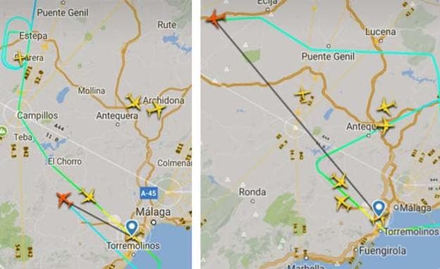 Ruta de varias aviones dando vueltas en torno al aeropuerto de Málaga. 