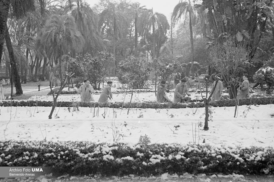 El 3 de febrero de 1954 es una fecha que ha quedado en el recuerdo de la capital. Aquel día se dieron las condiciones necesarias para que la nieve cuajara en Málaga y quedara una estampa que no se ha vuelto a repetir desde esa fecha.