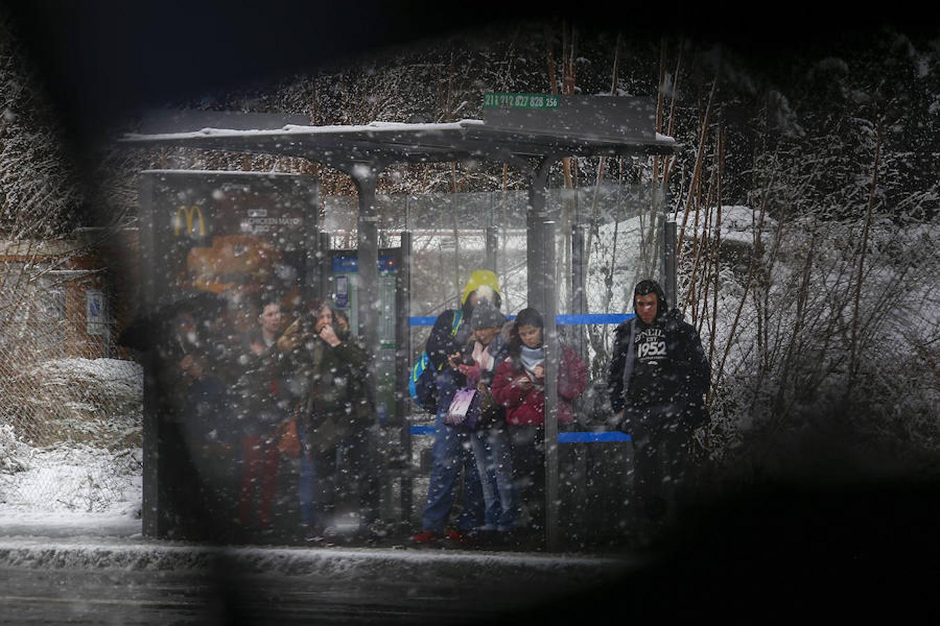 Unos peatones esperan la llegada del autobus bajo la marquesina de la parada.