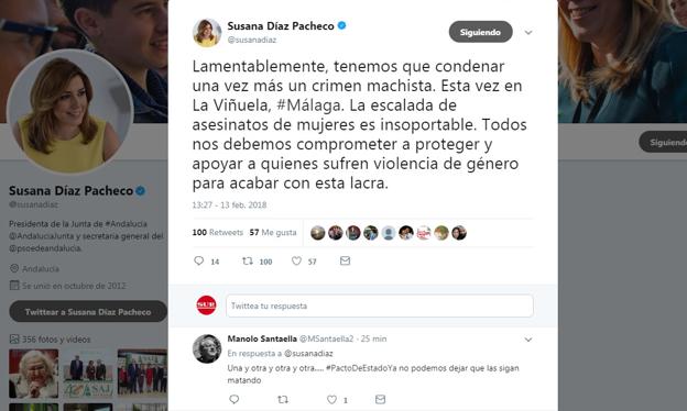 Mensaje de Susana Díaz en Twitter sobre la muerte de La Viñuela. 