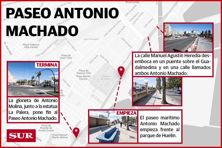 Paseo Antonio Machado, Paseo Antonio Banderas, Calle Pacífico y Paseo Marítimo de Poniente son los nombres que los malagueños suelen utilizar para referirse a la misma zona. 