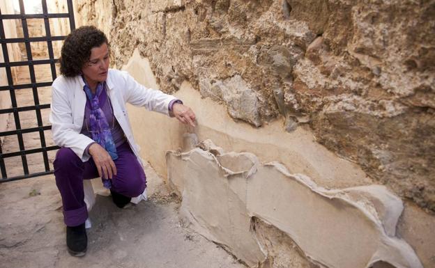 La arqueóloga Fanny de Carranza muestra un zócalo cubierto para detener su deterioro. 