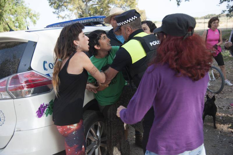 Los ecologistas que estaban acampados en los terrenos de Arraijanal en protesta por la construcción de la ciudad deportiva del Málaga han sido desalojados. Estas son las imágenes del momento.