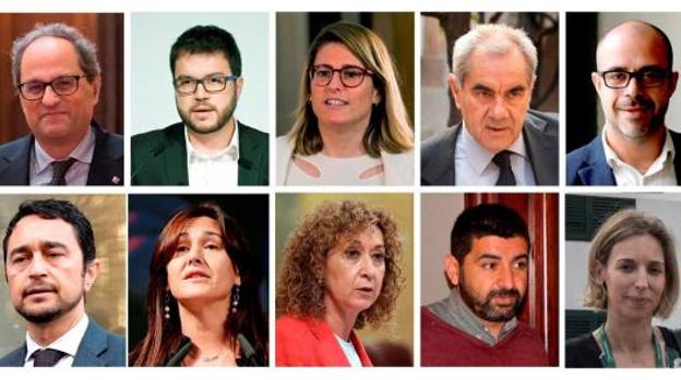 En la foto (de izq. a drcha. y de arriba a abajo) el presidente Quim Torra y los consejeros Pere Aragonès, Elsa Artadi, Ernest Maragall, Miquel Buch, Josep Bargalló, Alba Vergés, Damià Calvet, Laura Borràs, Ester Capella, Chakir El Homrani, Maria Àngels Chacón, Jordi Puigneró y Teresa Jordá. 