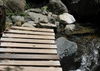 Imagen secundaria 1 - Panel informativo de la ruta | Hay algunos puentes de madera para cruzar el curso del río Caballos | Un pinsapo junto al cauce del río Caballos