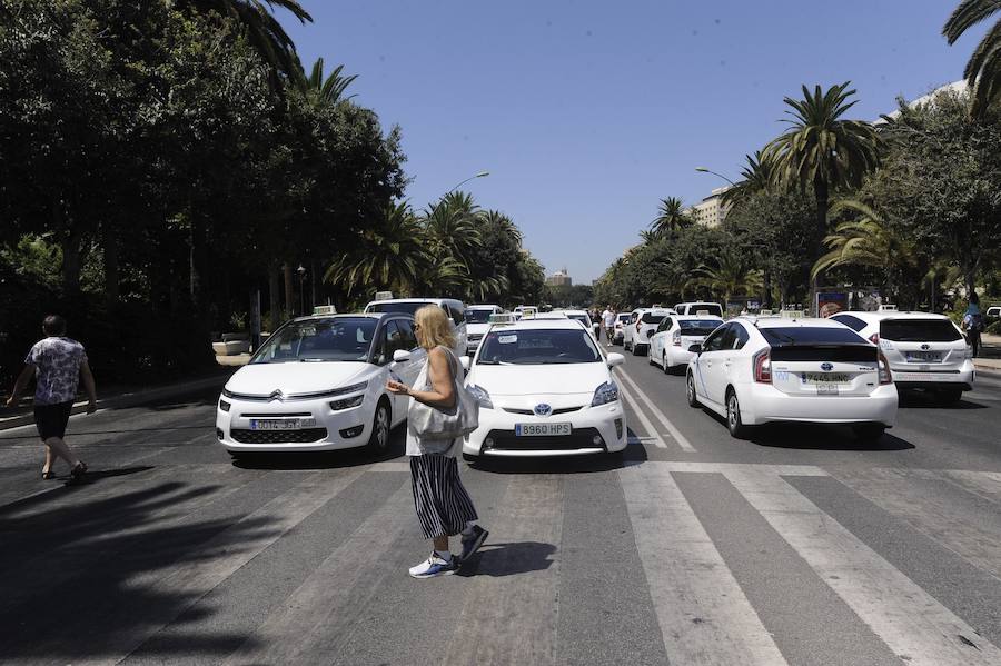 En el tercer día de huelga, los taxistas de Málaga han vuelto a cortar por sorpresa el Paseo del Parque en ambas direcciones.