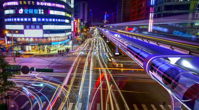 Recreación de un hyperloop por una ciudad. 