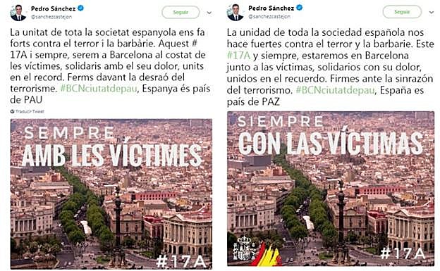 Pedro Sánchez quita la bandera de España en su recuerdo a las víctimas en catalán y luego rectifica