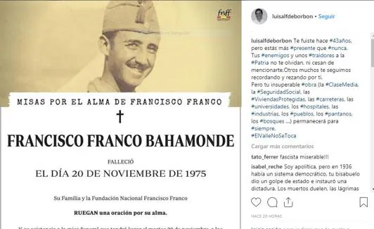 Captura de la entrada de Luis Alfonso de Borbón en Instagram. 