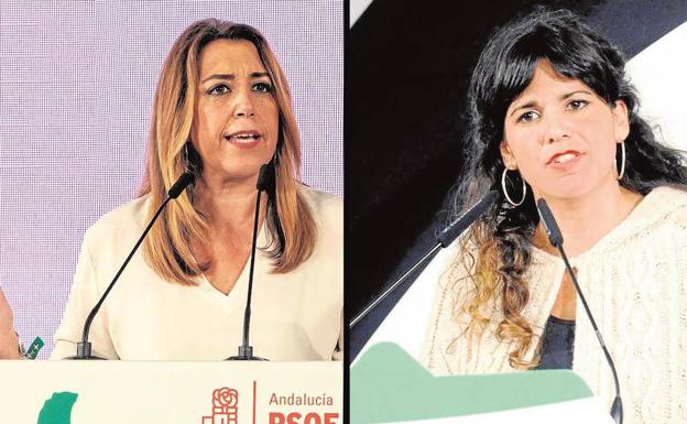 Susana Díaz, candidata socialista a presidir la Junta, en un mitin. Teresa Rodríguez, candidata de Adelante Andalucía. 