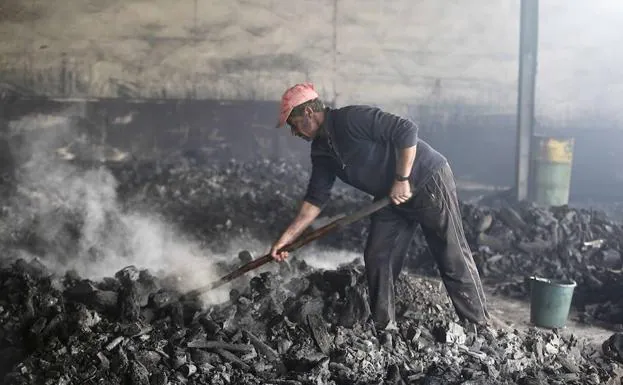 Un carbonero de Zahínos vigila la combustión.