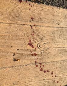 Imagen secundaria 2 - Arriba, calle en la que sucedieron los hechos. Abajo, en ambas fotos se aprecia sangre en la acera.