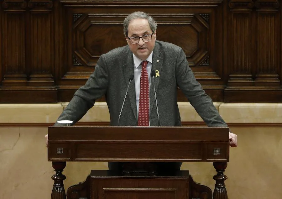 El presidente de la Generalitat, Quim Torra, durante una de sus intervenciones en la primera sesión plenaria del Parlament en 2019.