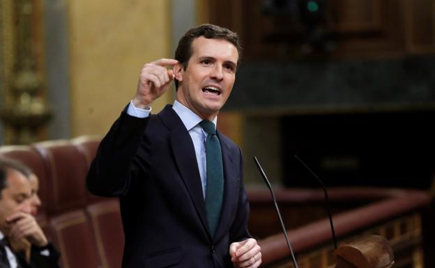 El presidente del PP, Pablo Casado, durante su intervención en el Congerso. 