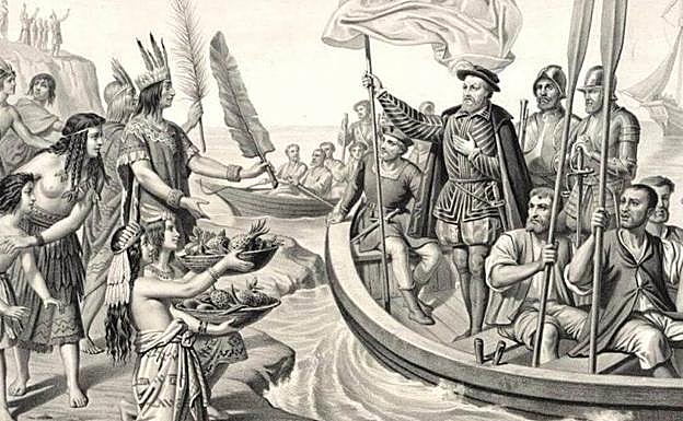 Recreación idílica de la llegada de los conquistadores a la costa americana. No fue así como sucedió. 