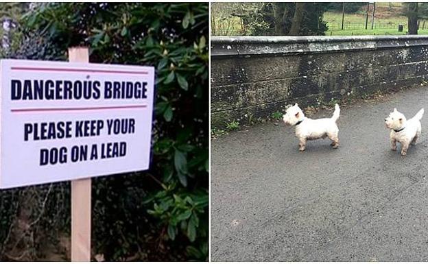 Un cartel previene de llevar atadas a las mascotas al cruzar el Overtoun.